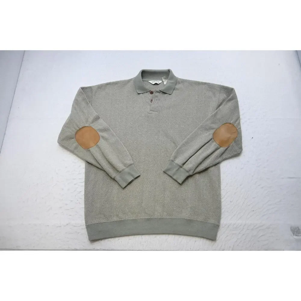 ORVIS Country Leather Elbows Knitted‎ Pullover Polo Sweater Mens Size Large